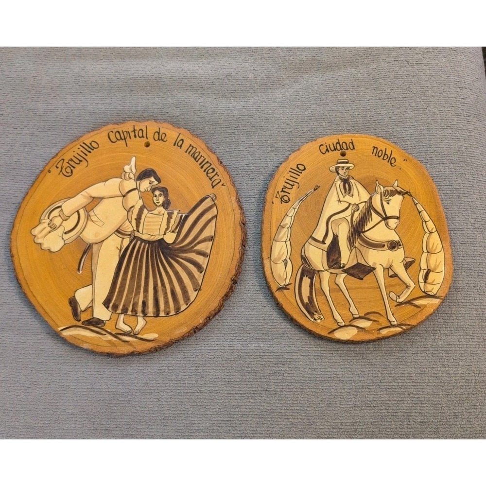 Vintage Trujillo Peru Folk Art Wood Slice Plaques Marinera Dance Horse Set Of 2